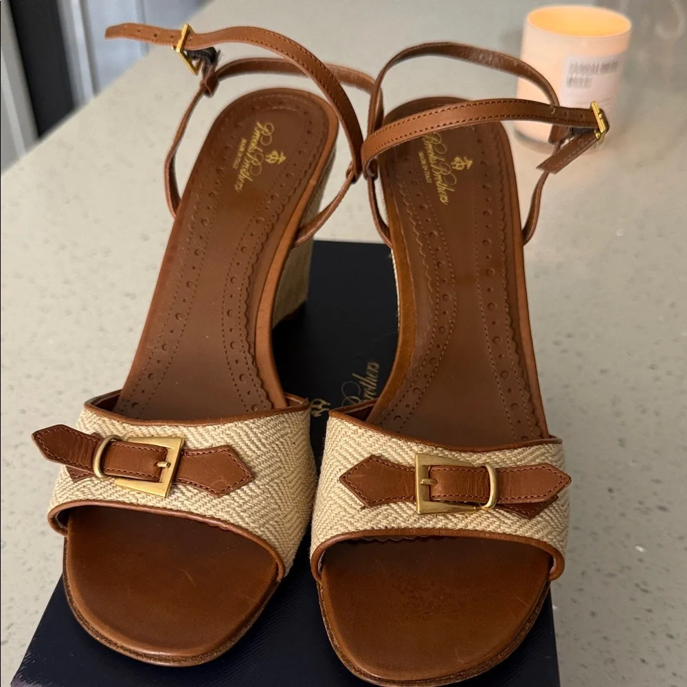 Pelle Moda Brown and Cream Wedge Sandals - Picture 4 of 5